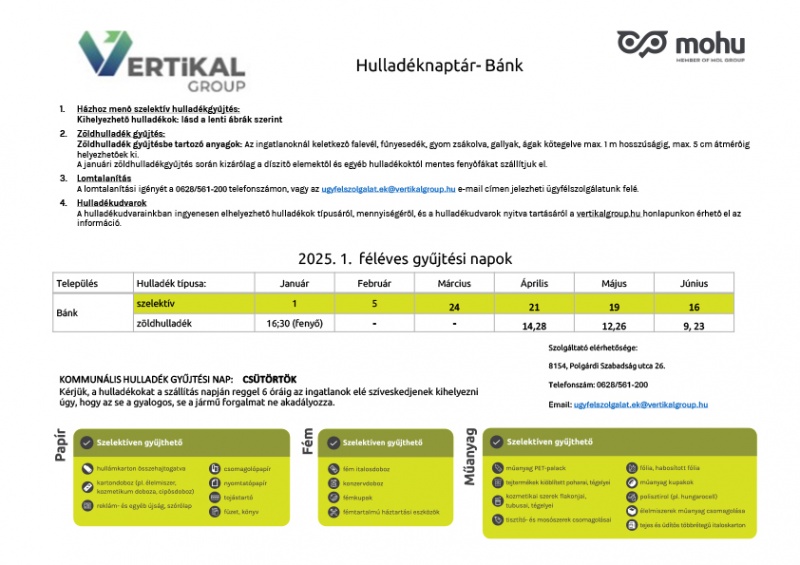 Hullad�ksz�ll�t�si inform�ci�k 2025 els� f�l�v�re. 1. H�zhoz men� szelekt�v hullad�kgy�jt�s: a kihelyezhet� hullad�kokat a lenti �br�k mutatj�k. 2. Z�ldhullad�k gy�jt�s: falev�l, f�nyesed�k, gyom zs�kolva, gally �s �g k�tegelve, legfeljebb 1 m�ter hossz� �s 5 cm �tm�r�j�. Janu�rban csak tiszta, d�sz�t�s n�lk�li feny�f�k ker�lnek elsz�ll�t�sra. 3. Lomtalan�t�s: bejelent�s sz�ks�ges a 0628/561-200 telefonsz�mon vagy az ugyfelszolgalat.ek@vertikalgroup.hu c�men. 4. Hullad�kudvar: az elhelyezhet� hullad�kt�pusokr�l �s nyitvatart�sr�l a vertikalgroup.hu oldalon tal�lhat� inform�ci�. Gy�jt�si napok: Szelekt�v – janu�r 1., febru�r 5., m�rcius 24., �prilis 21., m�jus 19., j�nius 16. Z�ldhullad�k – janu�r 16. �s 30. (feny�), �prilis 14. �s 28., m�jus 12. �s 26., j�nius 9. �s 23. Kommun�lis hullad�kgy�jt�s: minden cs�t�rt�k�n. A hullad�kot reggel 6 �r�ig kell kihelyezni, �gy, hogy ne akad�lyozza a gyalogos vagy j�rm�forgalmat. Szolg�ltat� el�rhet�s�ge: Vertik�l Nonprofit Zrt., 8154 Polg�rdi, Szabads�g utca 26. Telefonsz�m: 0628/561-200, e-mail: ugyfelszolgalat.ek@vertikalgroup.hu