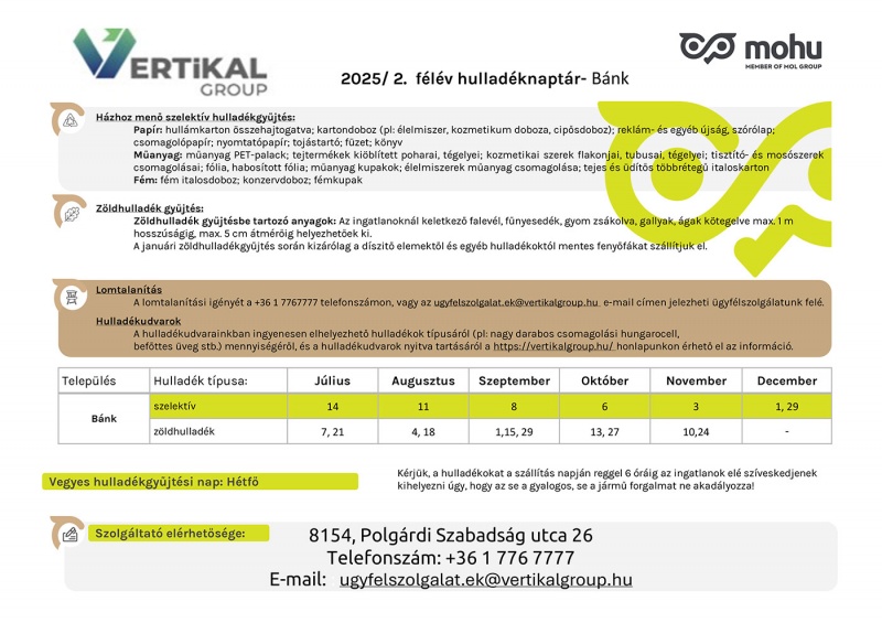 Hulladékszállítási információk 2025 első félévére. 1. Házhoz menő szelektív hulladékgyűjtés: a kihelyezhető hulladékokat a lenti ábrák mutatják. 2. Zöldhulladék gyűjtés: falevél, fűnyesedék, gyom zsákolva, gally és ág kötegelve, legfeljebb 1 méter hosszú és 5 cm átmérőjű. Januárban csak tiszta, díszítés nélküli fenyőfák kerülnek elszállításra. 3. Lomtalanítás: bejelentés szükséges a 0628/561-200 telefonszámon vagy az ugyfelszolgalat.ek@vertikalgroup.hu címen. 4. Hulladékudvar: az elhelyezhető hulladéktípusokról és nyitvatartásról a vertikalgroup.hu oldalon található információ. Gyűjtési napok: Szelektív – január 1., február 5., március 24., április 21., május 19., június 16. Zöldhulladék – január 16. és 30. (fenyő), április 14. és 28., május 12. és 26., június 9. és 23. Kommunális hulladékgyűjtés: minden csütörtökön. A hulladékot reggel 6 óráig kell kihelyezni, úgy, hogy ne akadályozza a gyalogos vagy járműforgalmat. Szolgáltató elérhetősége: Vertikál Nonprofit Zrt., 8154 Polgárdi, Szabadság utca 26. Telefonszám: 0628/561-200, e-mail: ugyfelszolgalat.ek@vertikalgroup.hu
