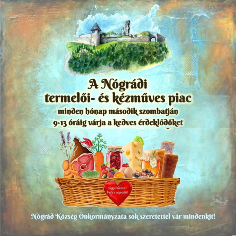 A N�gr�di termel�i- �s k�zm�ves piac minden h�nap m�sodik szombatj�n 9–13 �r�ig v�rja a kedves �rdekl�d�ket a r�szlegesen megnyitott N�gr�di v�r l�b�n�l. (Hunyadi u. 4.) Piaci napok: J�nius 14. J�lius 12. Augusztus 9. Szeptember 13. Okt�ber 11. November 8. December 13.  Vegy�l hazait! Vedd a n�gr�dit! N�gr�d K�zs�g �nkorm�nyzata sok szeretettel v�r mindenkit!